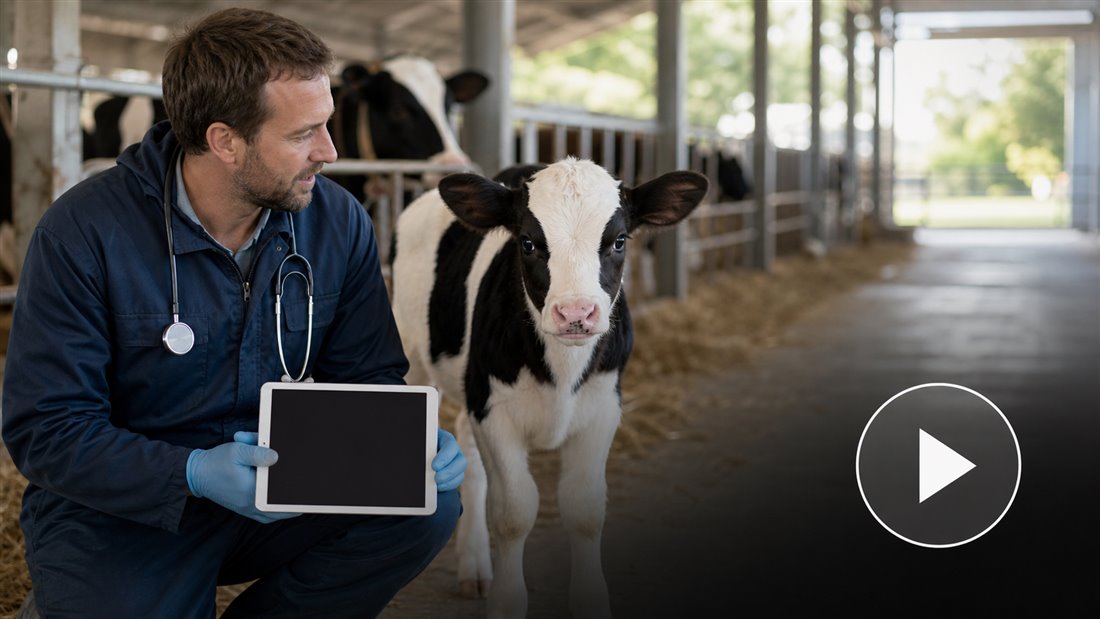 Video abstract sample frame showing a veterinary researcher and calf
